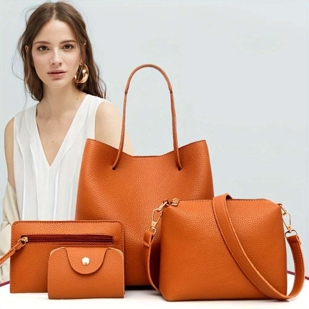 New 4Pc Large Capacity Leather Handbag Solid Color Lychee Texture Shoulder Bucket Bag Purse