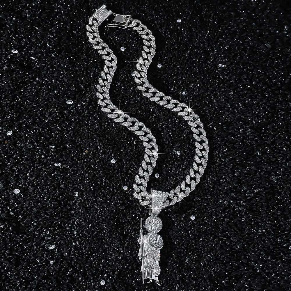Hip Hop Men Bling d Out Crystal Miami Cuban Link Necklace For Women San Judas 13mm Cuban Chain Religious Jewelry Pendant GiftXJ250219