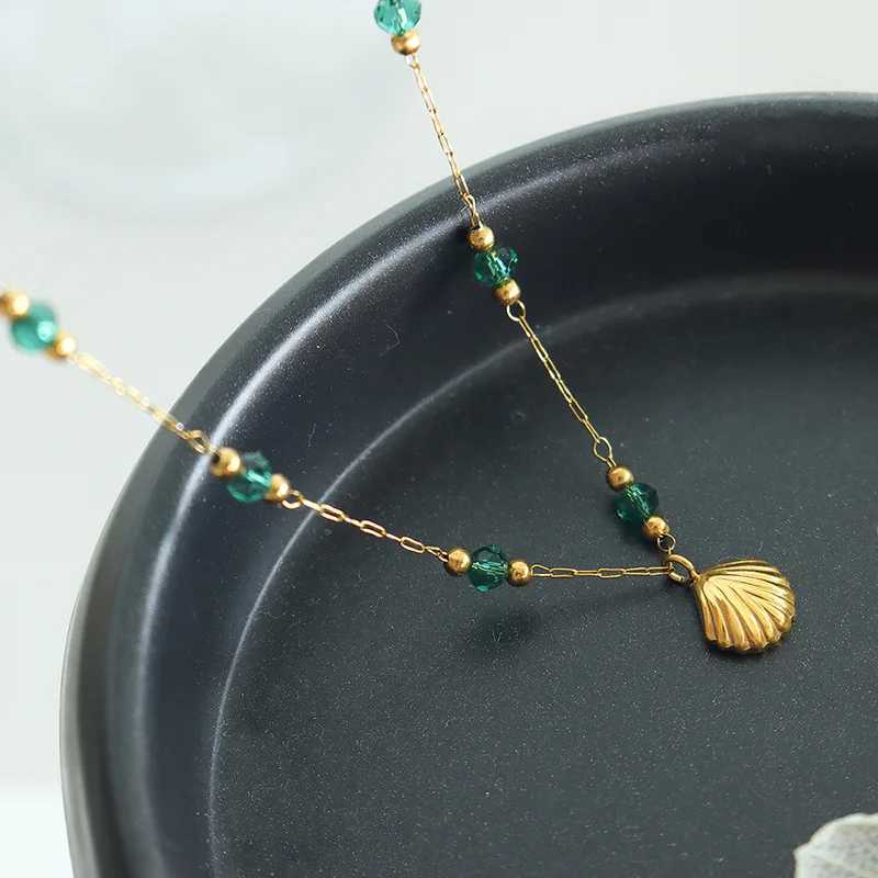2025 Stylish Stainl Steel Plated 18K Gold Trend Ins Wind Exquisite Crystal Beads Scallop Girls Pendant NecklaceXJ250219