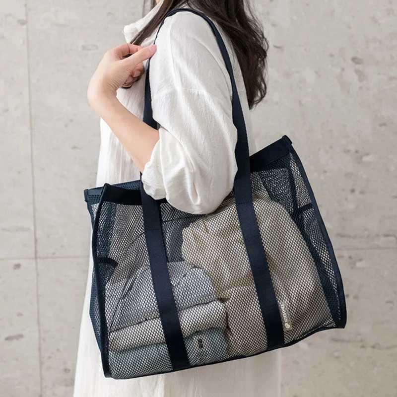 (72))Solid Color Single Shoulder Travel Bag Large Capacity Mesh Beach Bag Daily Matching with Casual Swimming Bath Bag Z250219