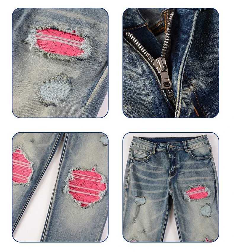 Hole Jeans Mens Patchwork Ankle Length Trousers Washed Denim Pencil Pants Mid Waist Vintage Distressed Autumn Street Denims X250220