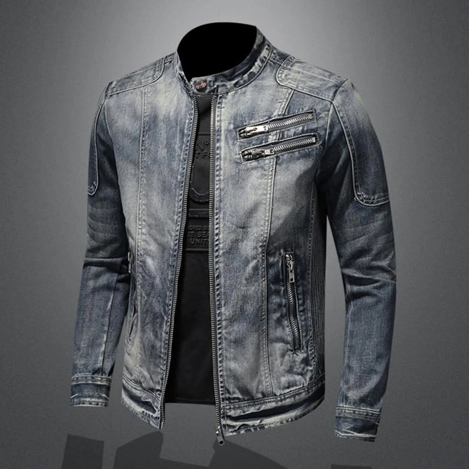 Vintage Denim Jacket With Zip Stand Up Cotton Slim Fit Outwear Man Fashion Casual Windbreaker Male Clothes Winter Men 250218