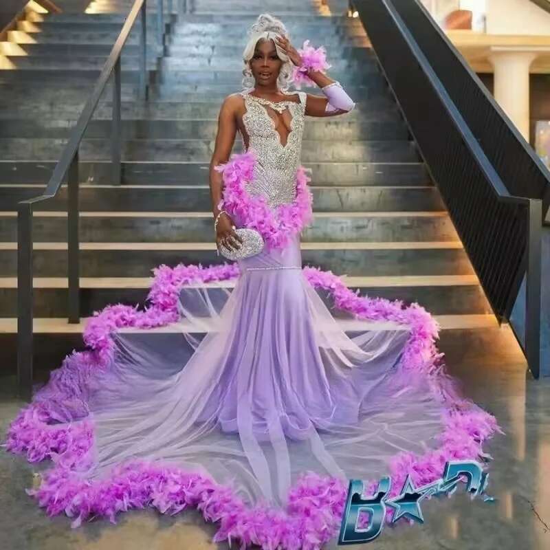 Crystal Beading Prom Dresses Black Girls 2025 Hot Pink Long Sleeve Feathers Party Gowns Vestidos De Gala Customized