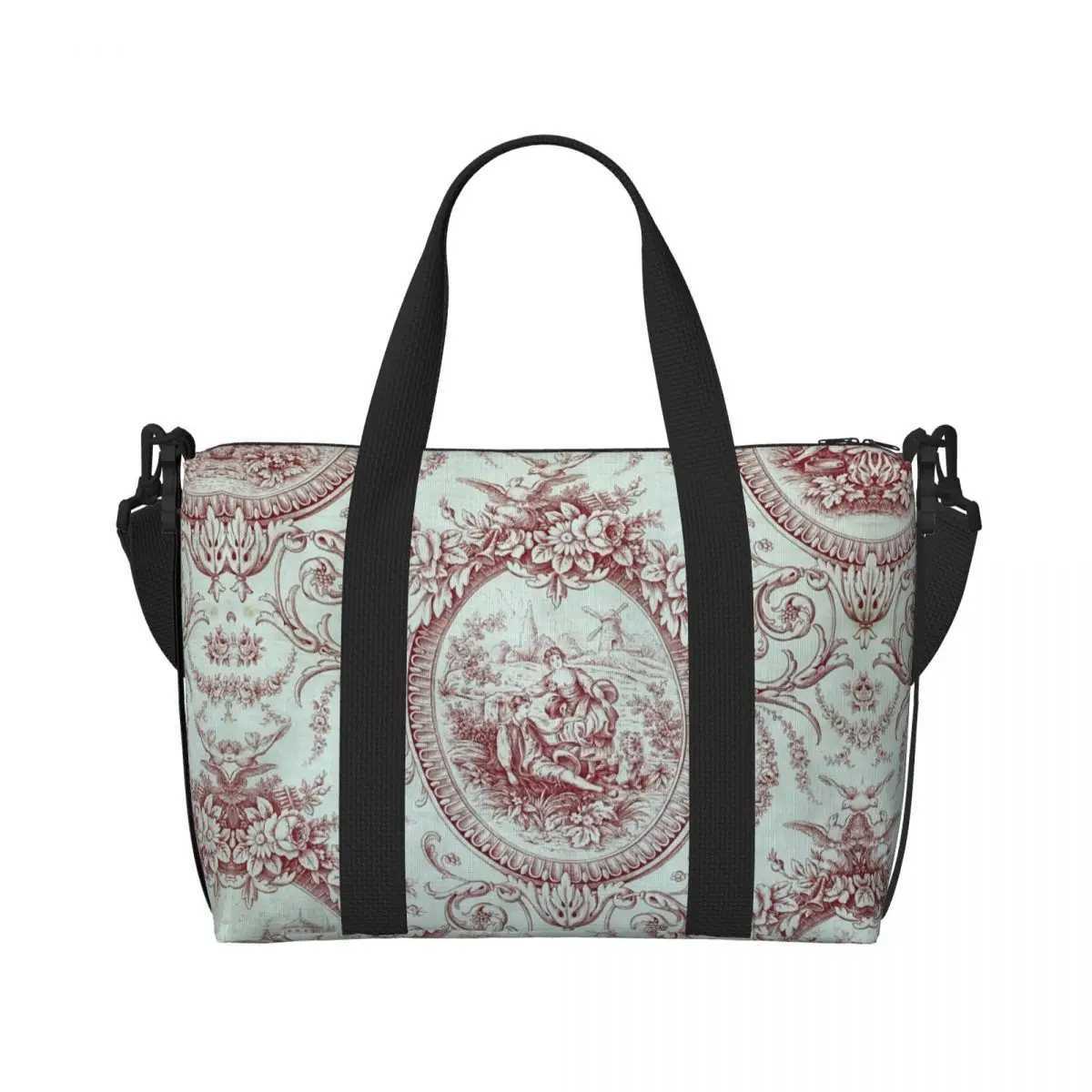 Customized French Toilet De Jouy Navy Blue Pattern Handbag Womens Large Capacity Traditional Art Gym Beach Shoulder Travel Bag Z250219