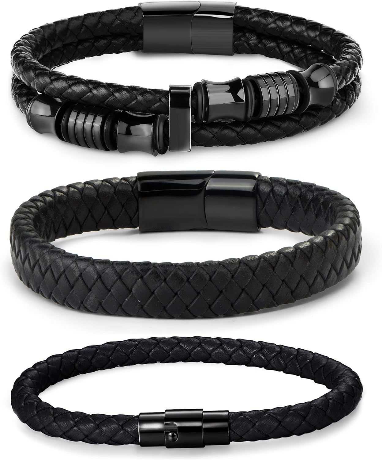 Charm Bracelets New black leather stainless steel mens bracelet minimalist leather bracelet H25220
