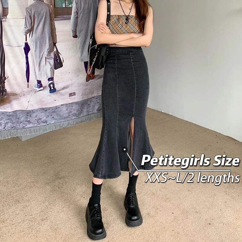 150 Short Denim skirt High waisted vintage midlength split hip wrap fishtail xs Autumn and winter dress to show height 250220