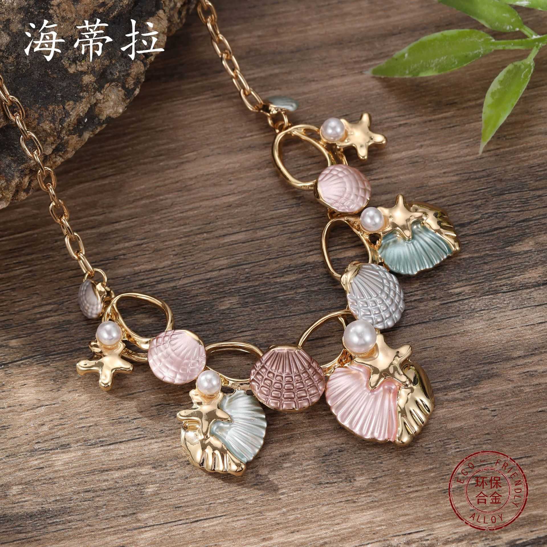 Pendant Necklaces New Colorful Oil Shell Starfish Necklace Small Fresh Beach Shell Womens Versatile Necklace H25219