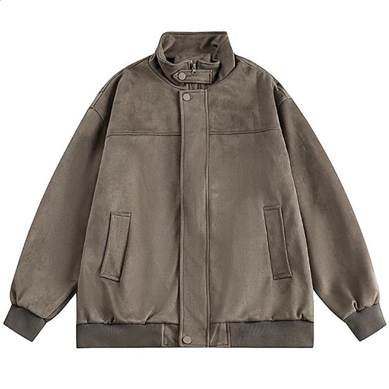 Chamois Mens Bomber Jacket Japanese Solid Color Winter Baseball Leather Jackets Male Coat Return Stand Collar Hunting 250218