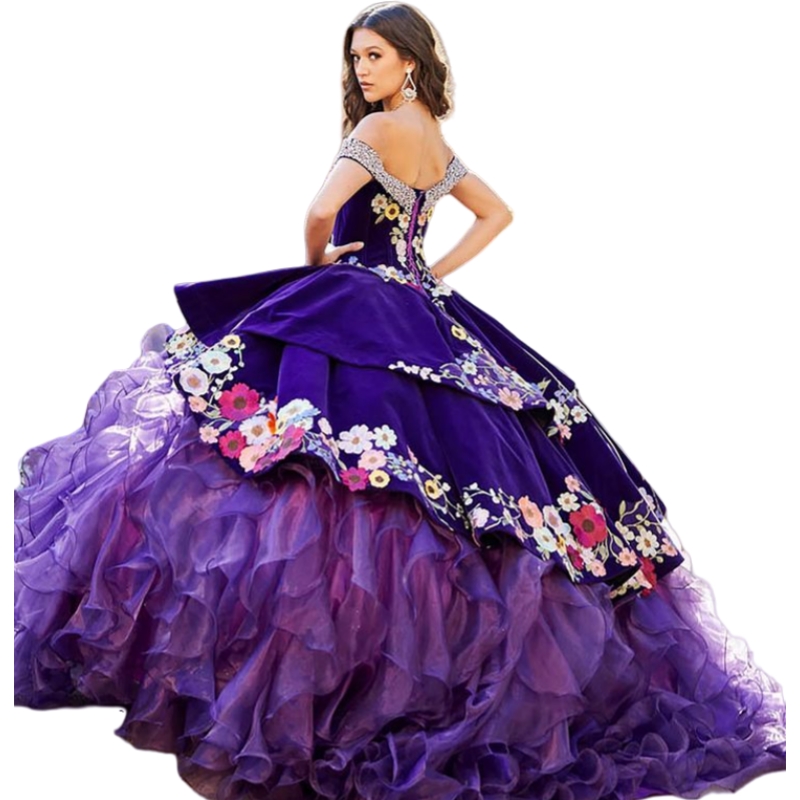 Classic Purple Quinceanera Dress Beaded Off Shoulder Colorful Embroidery Lace Appliques Ruffle Organza And Velvet Long Sweet 16 Dresses Special Occasi