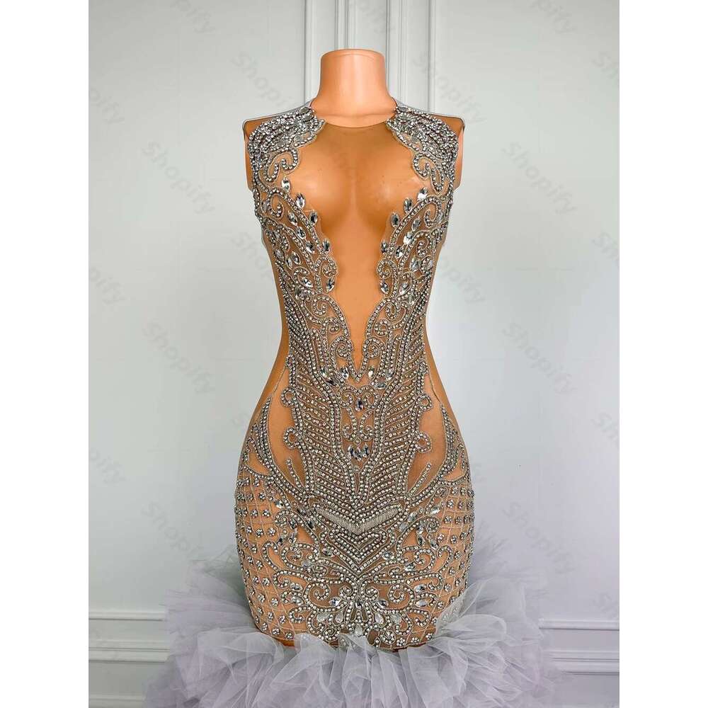 Puffy Layered Pleated Silver Long Black Gown Girls Crystal Rhinestone See Through Mermaid Custom Ball Gowns prom