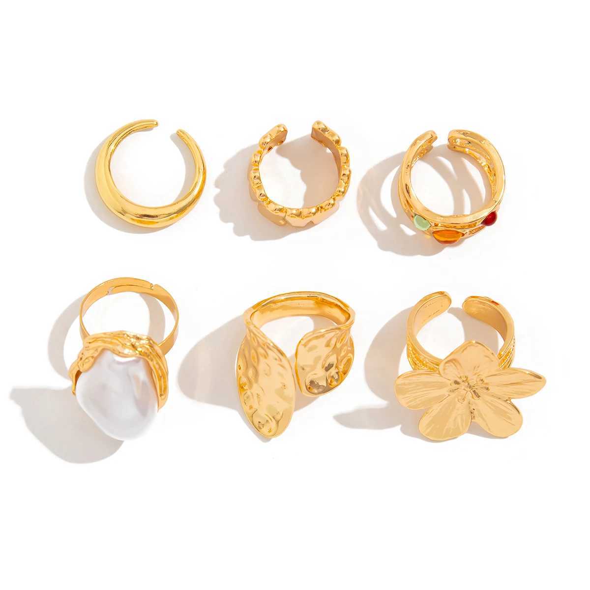 United Kingdom 2025 New Irregar Exaggerated Metal Flower Open Rings Wen Elegant Baroque Imitation Pearl Ring Jewelry Accessories X250220