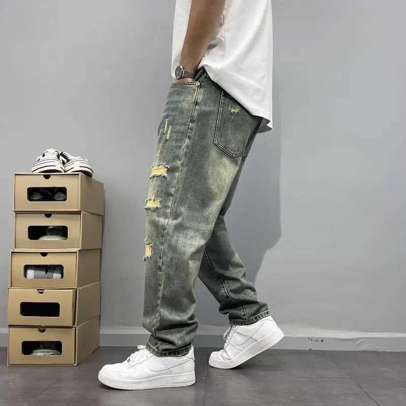 Washed Retro Distressed Patched Jeans Mens Loose Pants High Street Style X250220