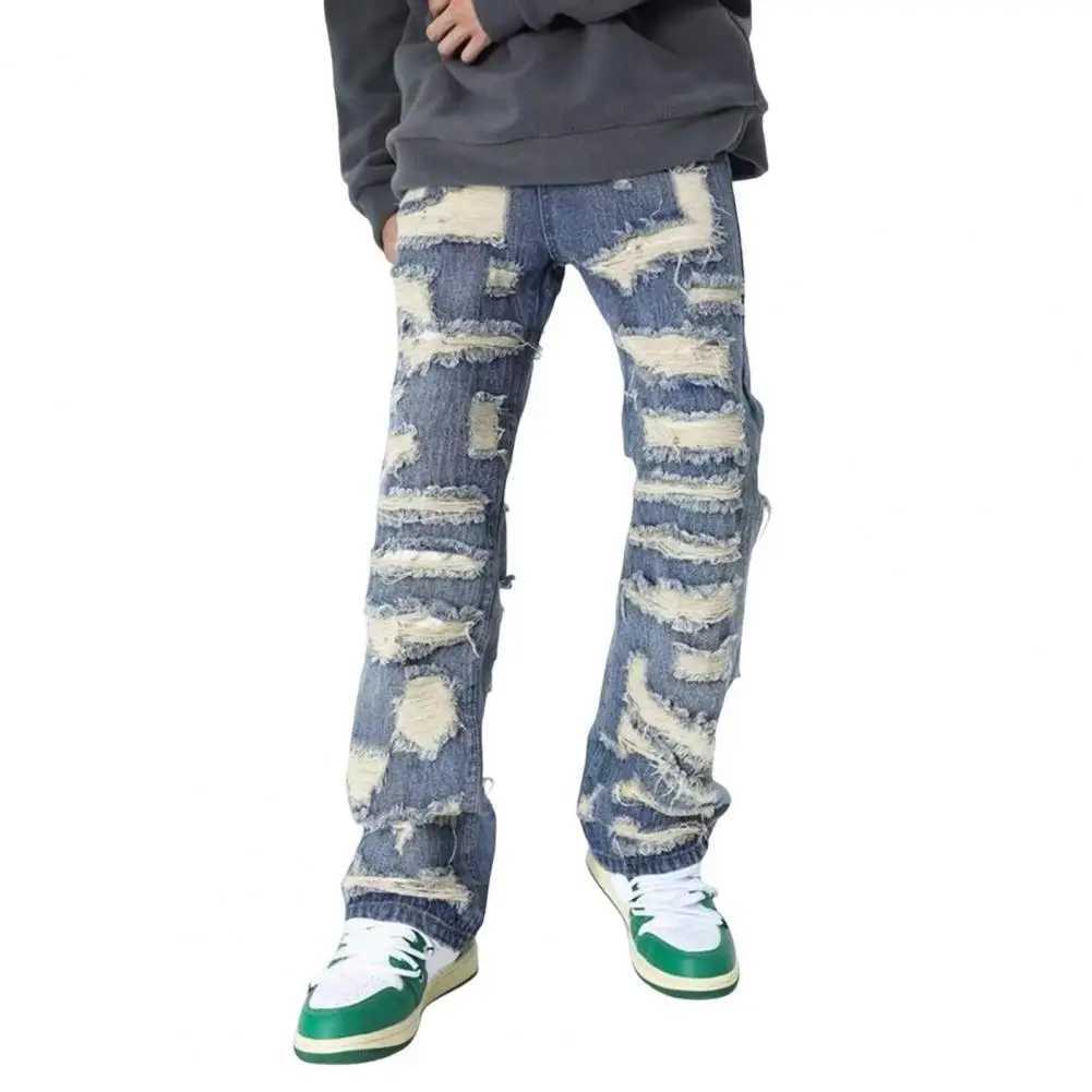 Four Pockets Mens Jeans Vintage Distressed Denim Jeans for Men with Pockets High Street Style Straight-leg Trousers Washed Retro X250220