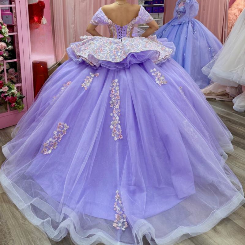 Lavender Shiny Quinceanera Dresses Ball Gown Off The Shoulder Applique Lace Beads Tull Party Birthday Sweet 16 Dress Vestidos 15 anos