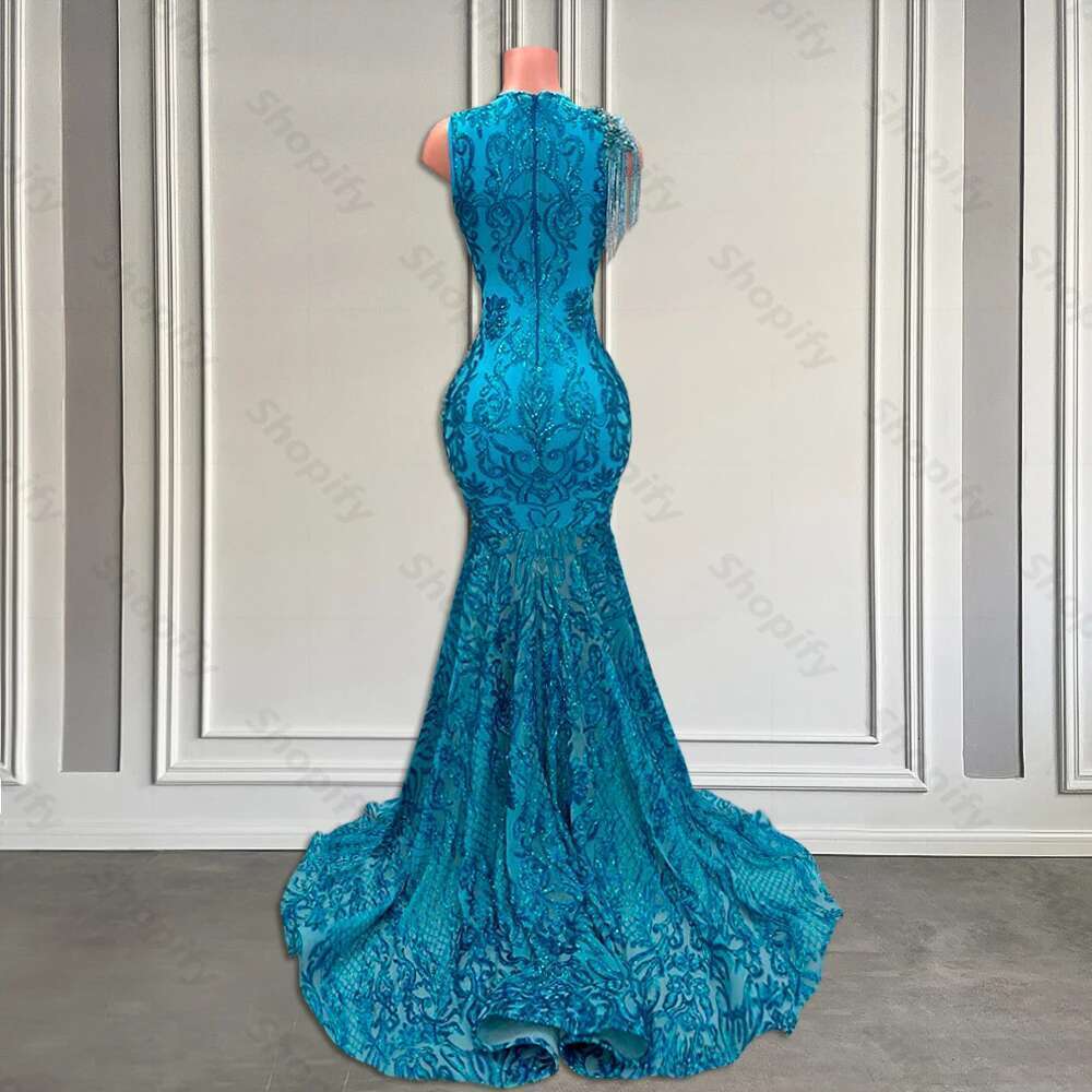 Blue Beaver Prom Dress Bright Lace Long 2025 The Beaded Black Girls Mermaid Ball Gowns Fitted With Custom Strap