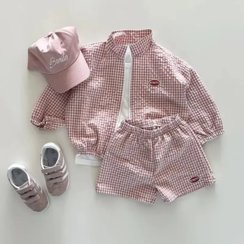 2024 Autumn Boys Plaid Clothes Set Children Sports Wear Boys Spring Long Sleeve Zipper Jacket Shorts Thin Baby Sunshine Sets 250220