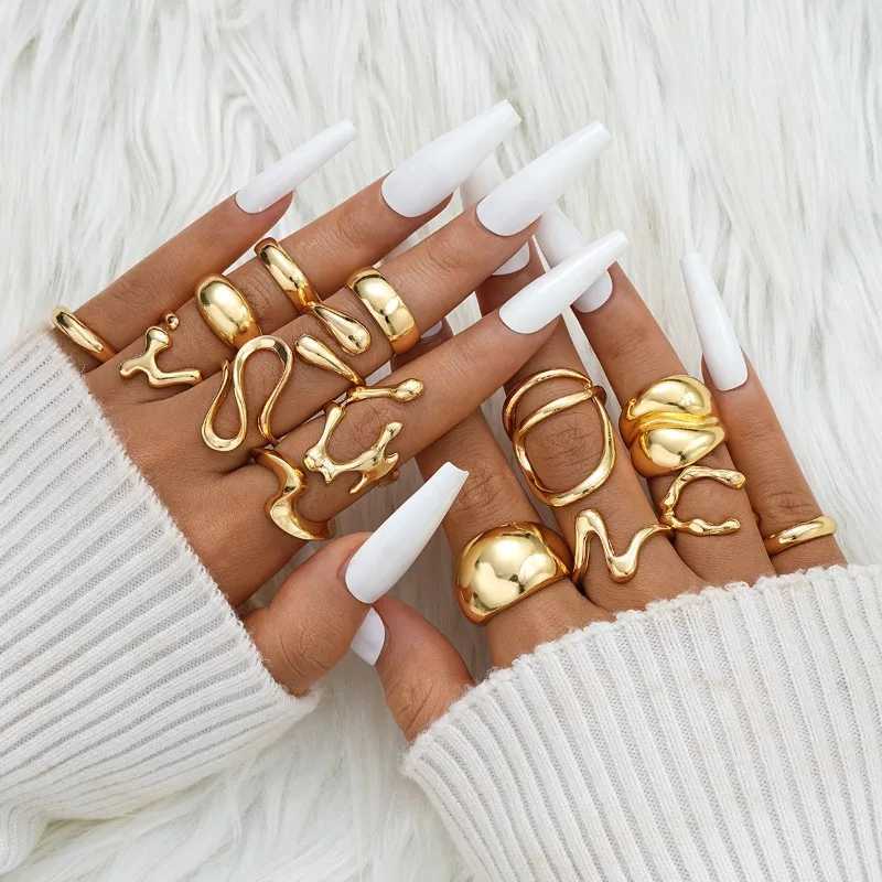 New 15 piece set of luxurious vintage split ring jewelry with gold silver lava lines smooth Irregar ring X250220