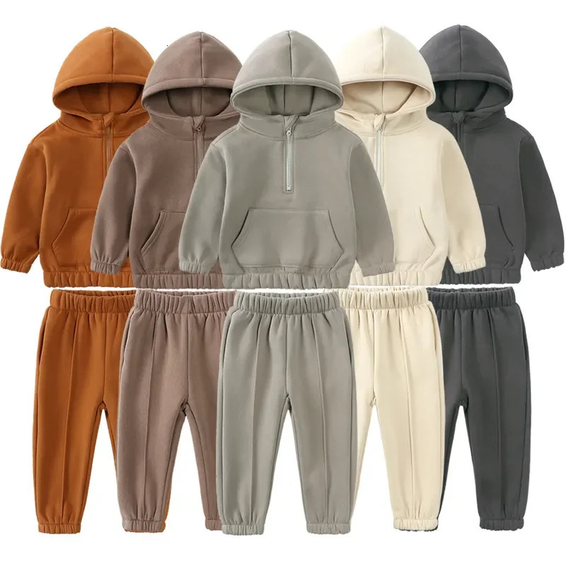 2025 Winter Children Fleece Outfits Toddler Warm Thicken Cotton Soild HoodiesPants Tracksuit Kids Boy Girl Sweatsuits Sets 250220