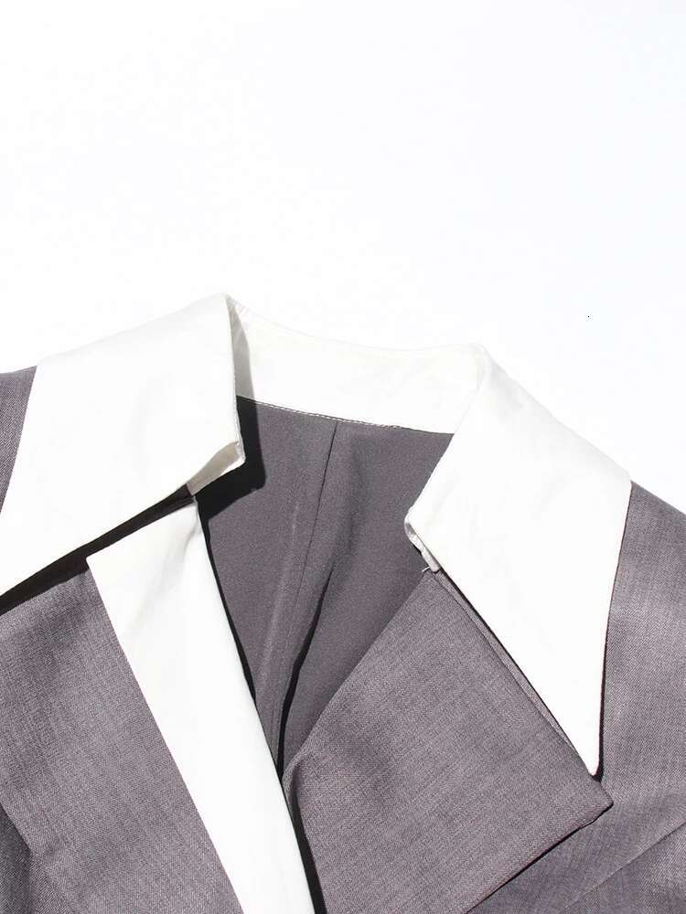 Elegant Casual Spliced Belt Blazer For Women Notched Collar Long Sleeve Patchwork Pocket Colorblock Blazers Female