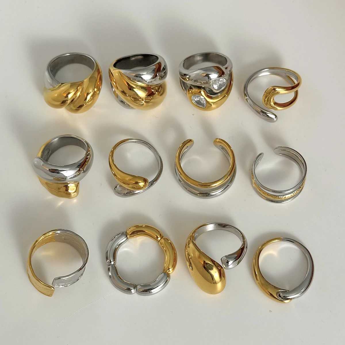 Vintage 18K Gold Plated Stainless Steel Parallel Double Line Irregar Open End Ring Anti Allergic Charm Daily Jewelry X250220