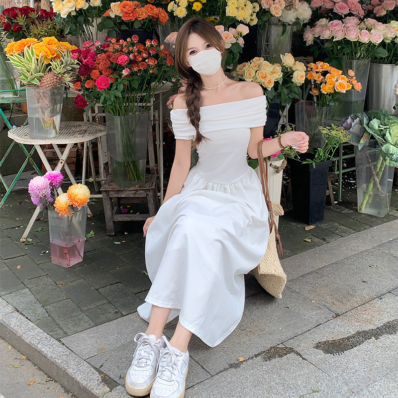 ZI110835 White one-shoulder dress for women high-end summer 2025 new style temperament waist long skirt sexy hot girl skirt