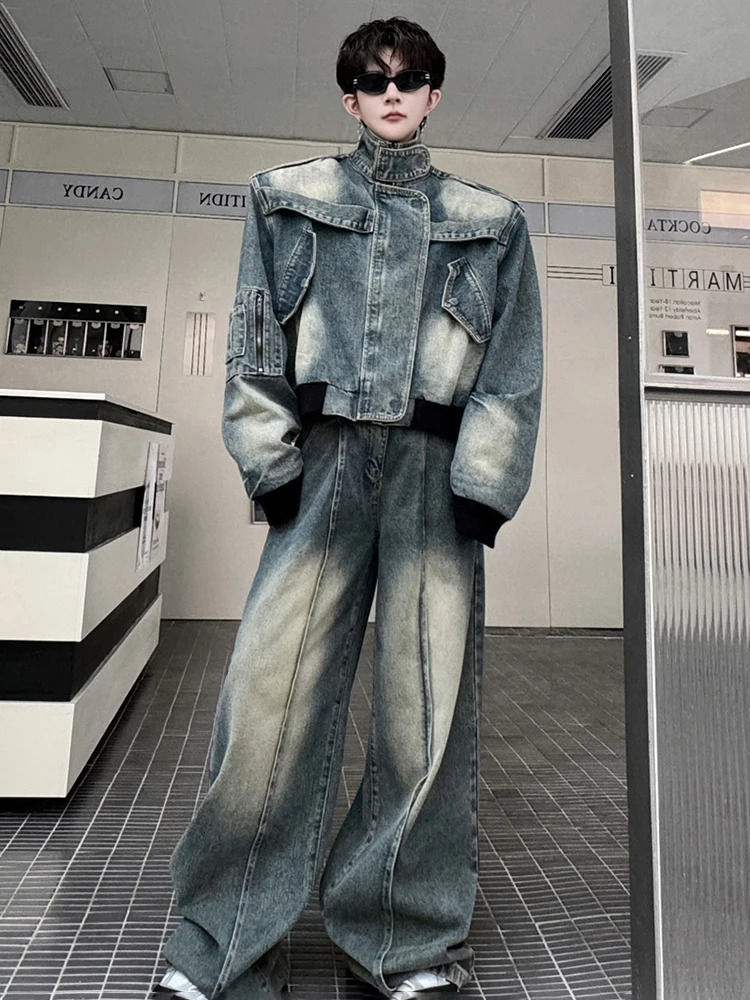 LUZHEN Standing Collar Personalized Patchwork Denim Jacket Short Two Piece Sets Mens Loose Street Mens Jeans LZ6548 250220