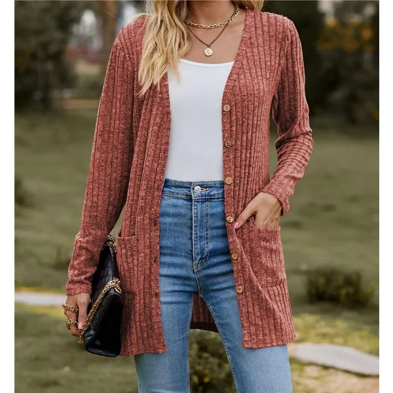 Autumn Womens Milled Pit Stripe V-Neck Solid Color Button Long Sleeve Ladies Casual Extensions Cardigan Jacket Coat 250219