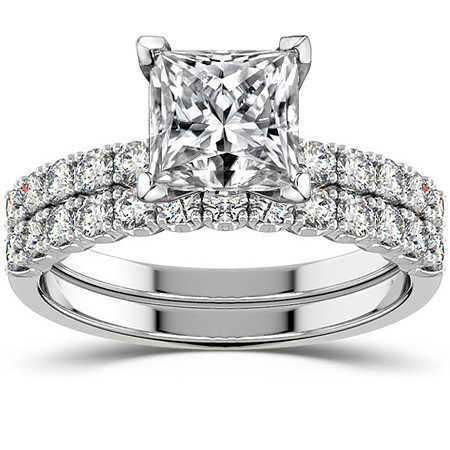 AAA Gems 14K White Gold Ring Emerald/Radiant/Cushion/Pear/Heart Moissanite Ring 4-Prong Semi-Eternity Wedding Set Ring