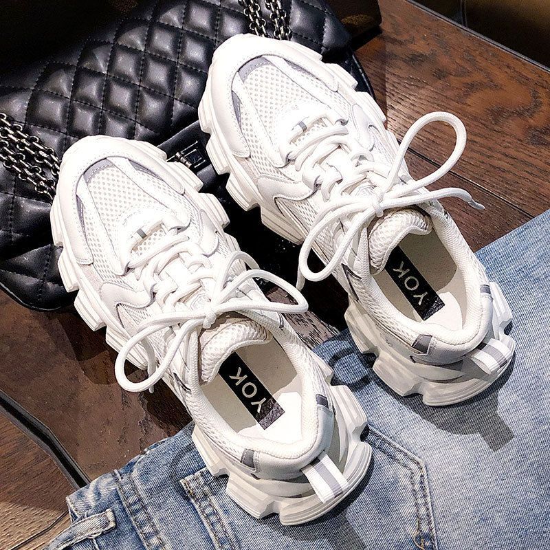 2023 New Spring And Summer Daddy Women's Mesh Surface Increased Leather Thick Bottom Lightweight All-Match Thin White Shoes Breathable