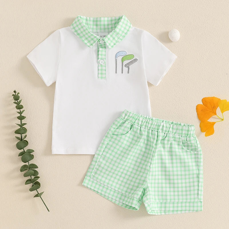 Kids Baby Boy Summer 2 Piece Sets Golf Club Embroidery Short Sleeve Half Button-up Tops Plaid Shorts Toddlers Casual Outfits 250220