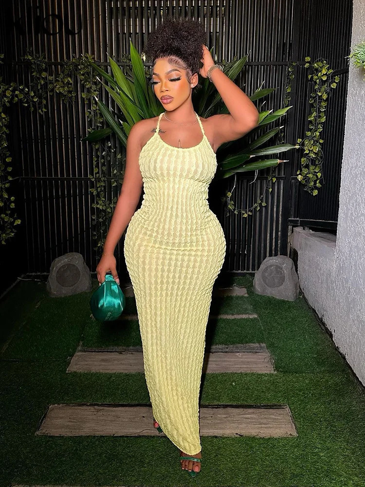 Kliou Solid Ruched Spaghetti Strap Bandage Maxi Dress Women Casual Sleeveless Backless Bodycon Ladies Party Streetwear Dresses 250219