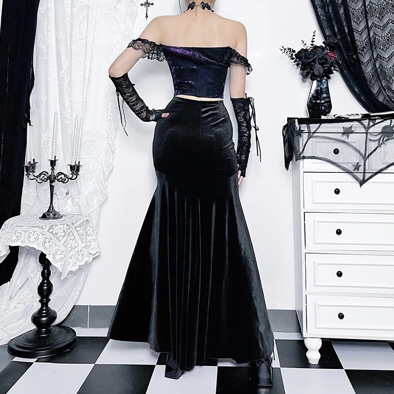 Mall Goth Velvet Fishtail Skirt Women Vintage Jacquard Hip Wrap Fairy Grunge Victorian Ladies Steampunk Long 250220