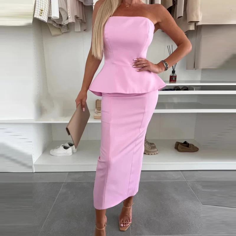 Women Sexy Strapless Top with A-line Skirt 2pc Set Elegant Temperament Multi Color Slim Party Suit Office Lady Wrap Hip Outfits 250220