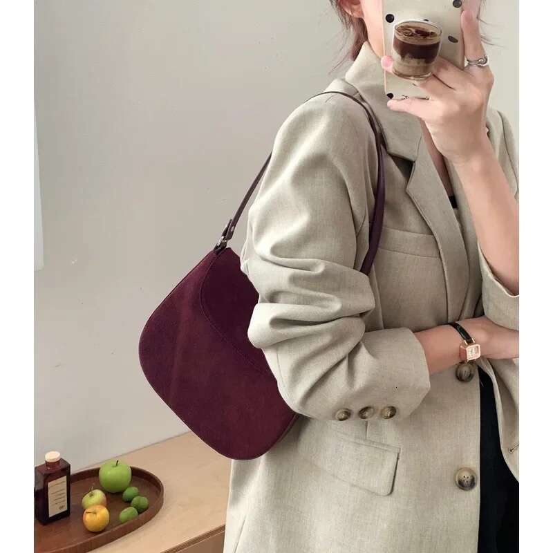 Ins Chic Designer Small Armpit Shoulder Matte Suede Cow Leather Women Crossbody Bag Thin Wine Red Daily-Use Purse