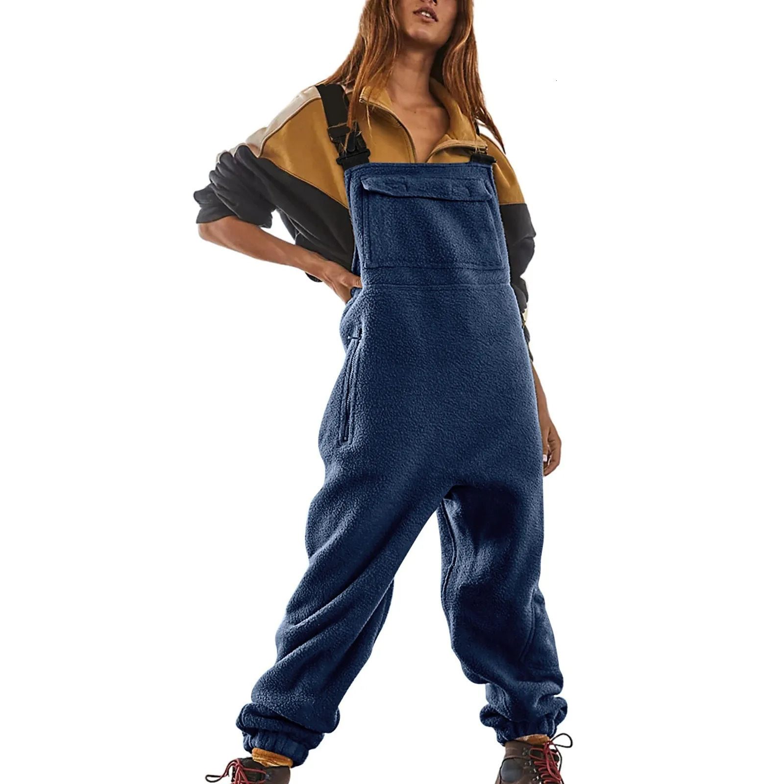 Womens Oversized Jumpsuit Womens Solid Color Fashionable Jumpsuit With Pockets Autumn And Winter Plus Plush Thick Jumpsuit 250220