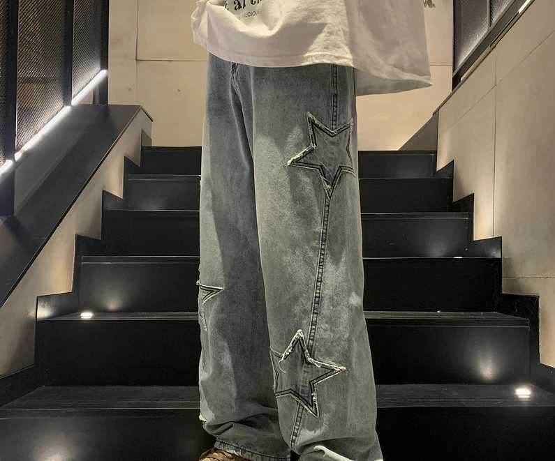 New fashion five point star jeans mens high waisted retro street clothing mens pants pockets winter wide leg jeans denim mens clothing X250220