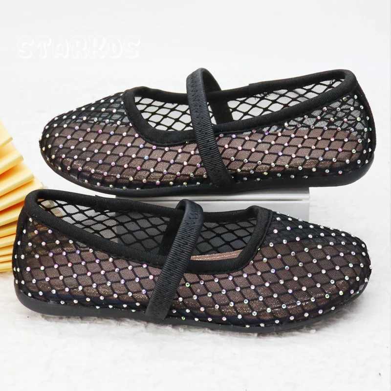 Luxury Lace Mesh Ballet Flat Kid Girls Elegant Brand Design Rhinestones Covered Fishnet Ballerina Shoes Children Dress Shoes X2502201