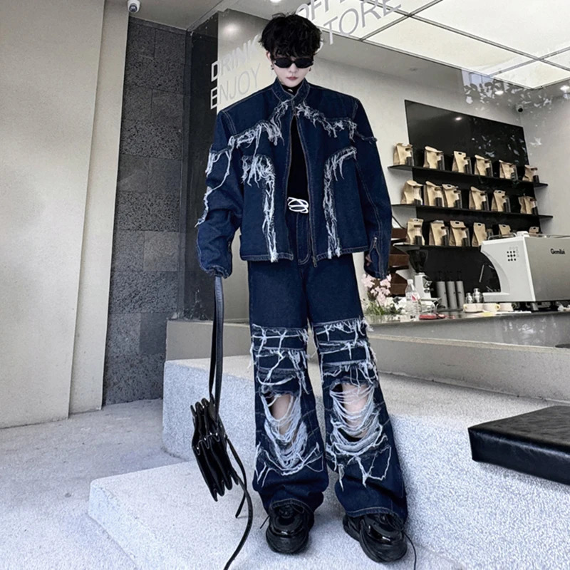 PFNW Spring Mens Set Stand Collar Rougn Edge Denim Jacket Ripped Hole Wide Leg Pants Spliced Trendy Streetwear 28W4788 250220