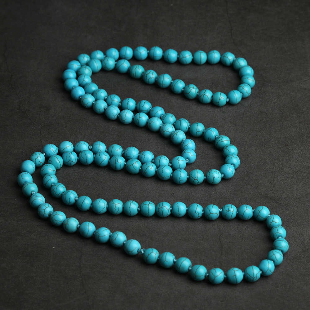 Pendant Necklaces Manufacturers straight turquoise long sweater chain knotted round bead chain multi circle necklace accessory H25219
