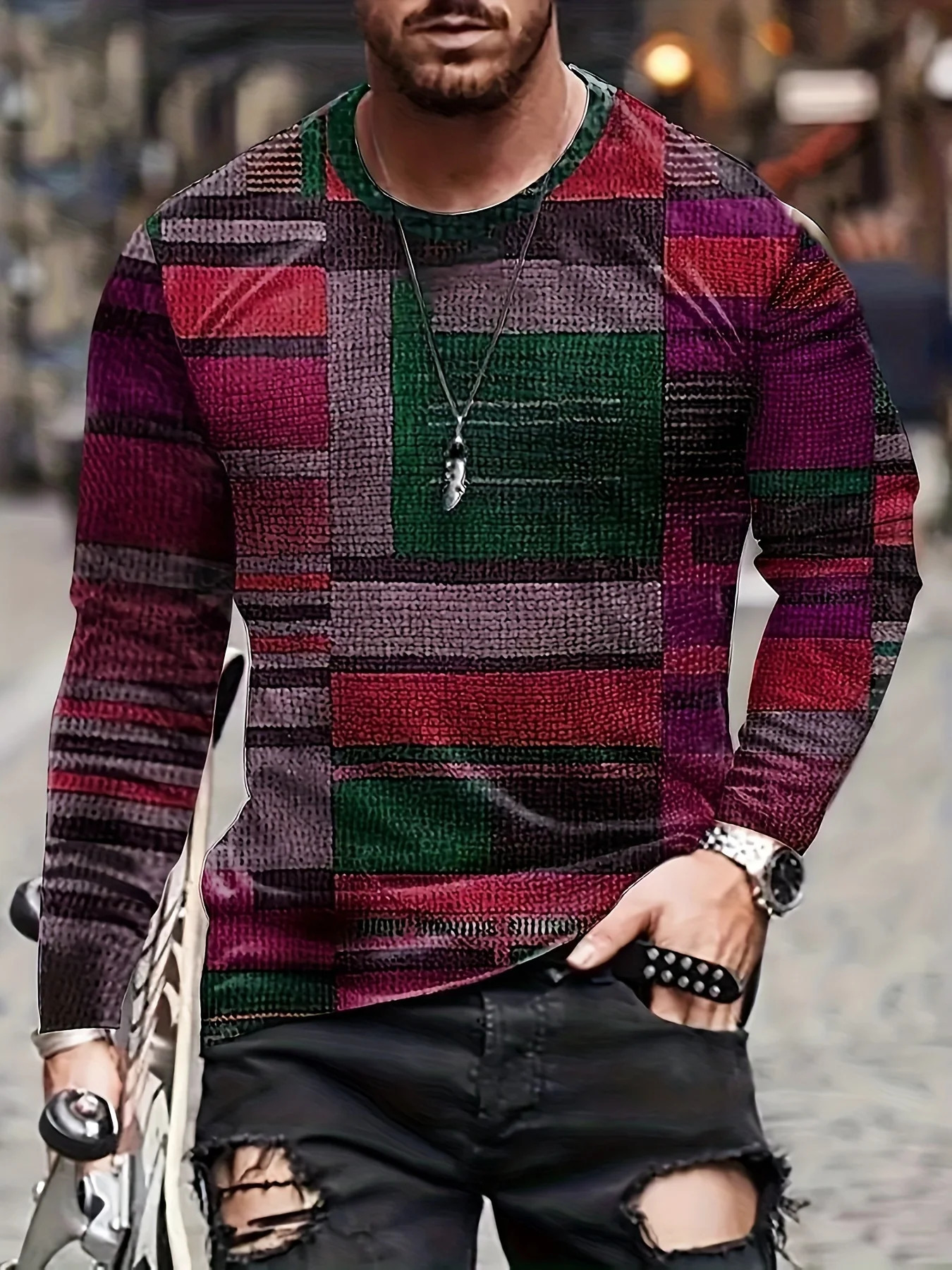 Fashion Mens Colorful Irregular Plaid Pattern Round Neck Longsleeved Tshirt Spring And Autumn Outdoor Sports Tops Tee 250213