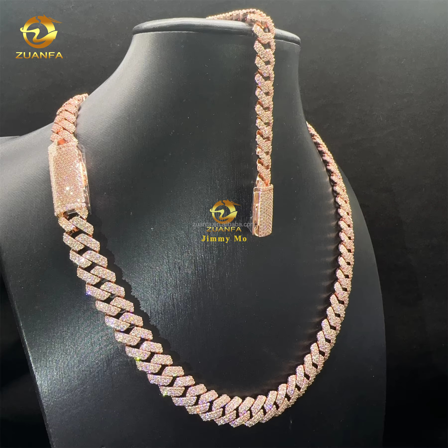 Rose gold plated box, pure sier 12mm, two rows of chilled hip-hop VVS1 diatoeous earth, Miami Cuban chain