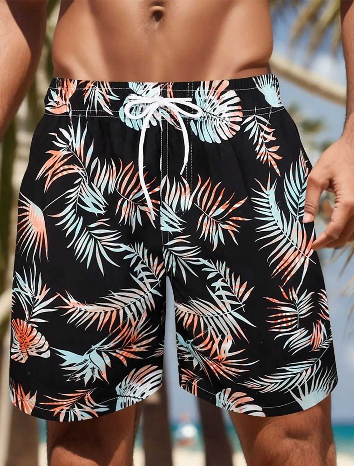 Mens Palm Leaf Tropical Plants Shorts Swimming Trunks Board Shorts Fashion Streetwear Pocket Drawstring Shorts Mens Underwear X250220