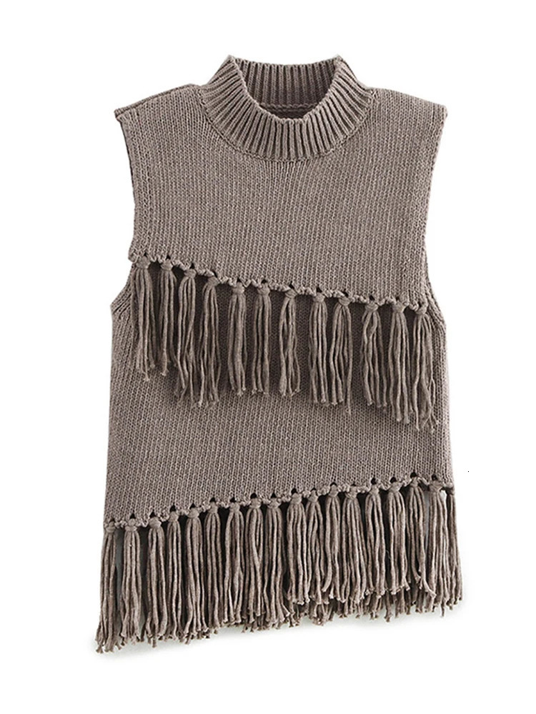 Leisure tassel knitted womens vest sleeveless turtle neck womens vest splicing work spring elegant ultra-thin irregular womens knitting 250218