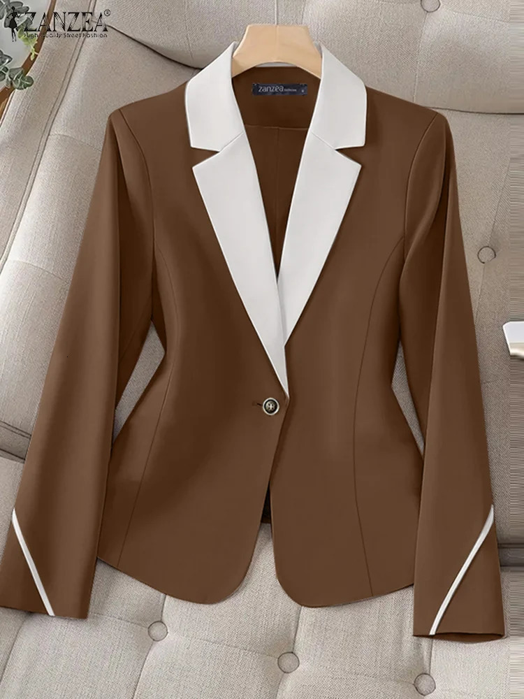 ZANZEA Spring Buttons Thin Outwears Women Formal Blazer Vintage Colorblock Waisted Coats Office Lady Long Sleeve Jackets 250213