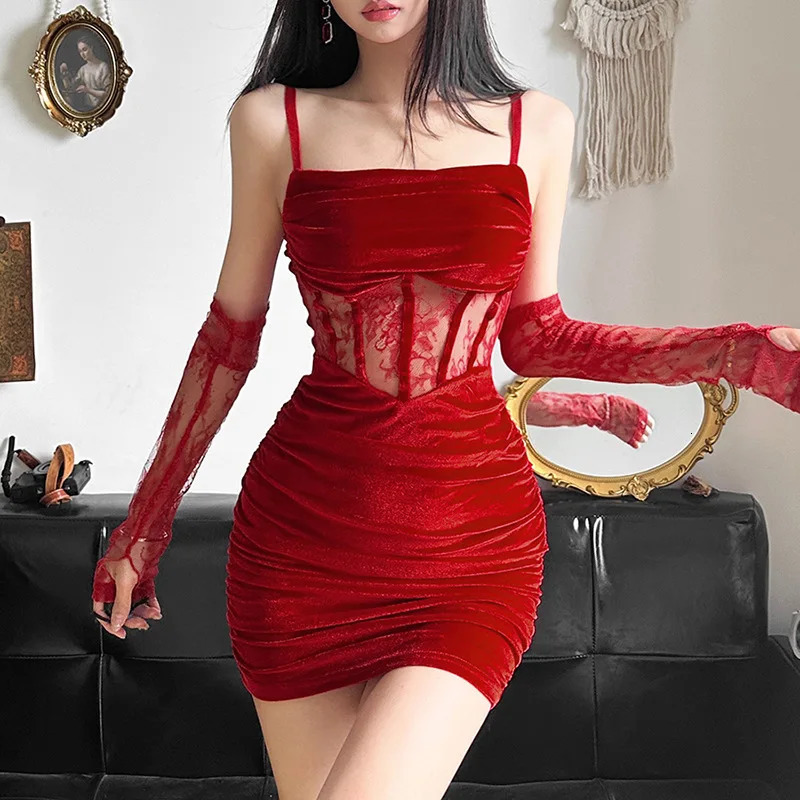 Nibber Winter Bachelor Party Solid Coquette Velvet Tight Sexy Fit Mature Charm Women Fishbone Sling Dress With Lace Sleeve 250219