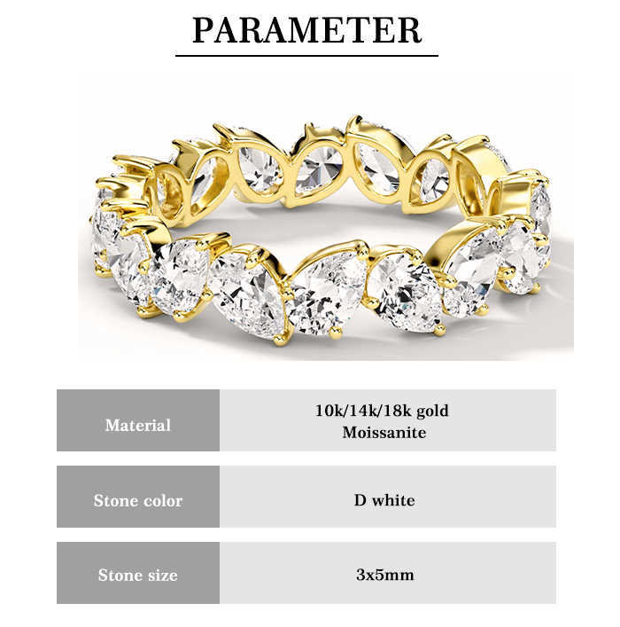 Luster Unique Design High-end 10k 14k 18k Rose/Yellow/White Gold Pear Cut Eternity Moissanite Band Ring