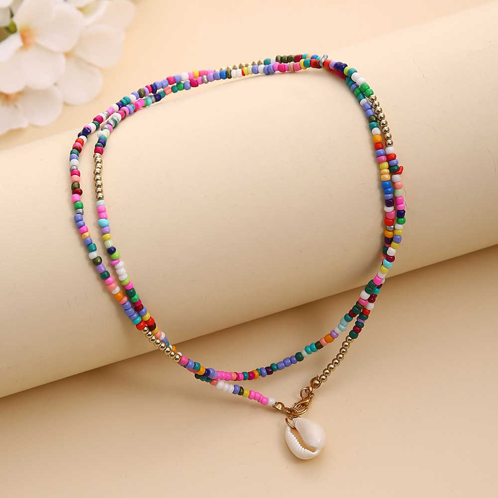 Pendant Necklaces Jewelry Bohemian Colorful Rice Beads Necklace Colorful Shell Pendant Necklace Chain Female H25219