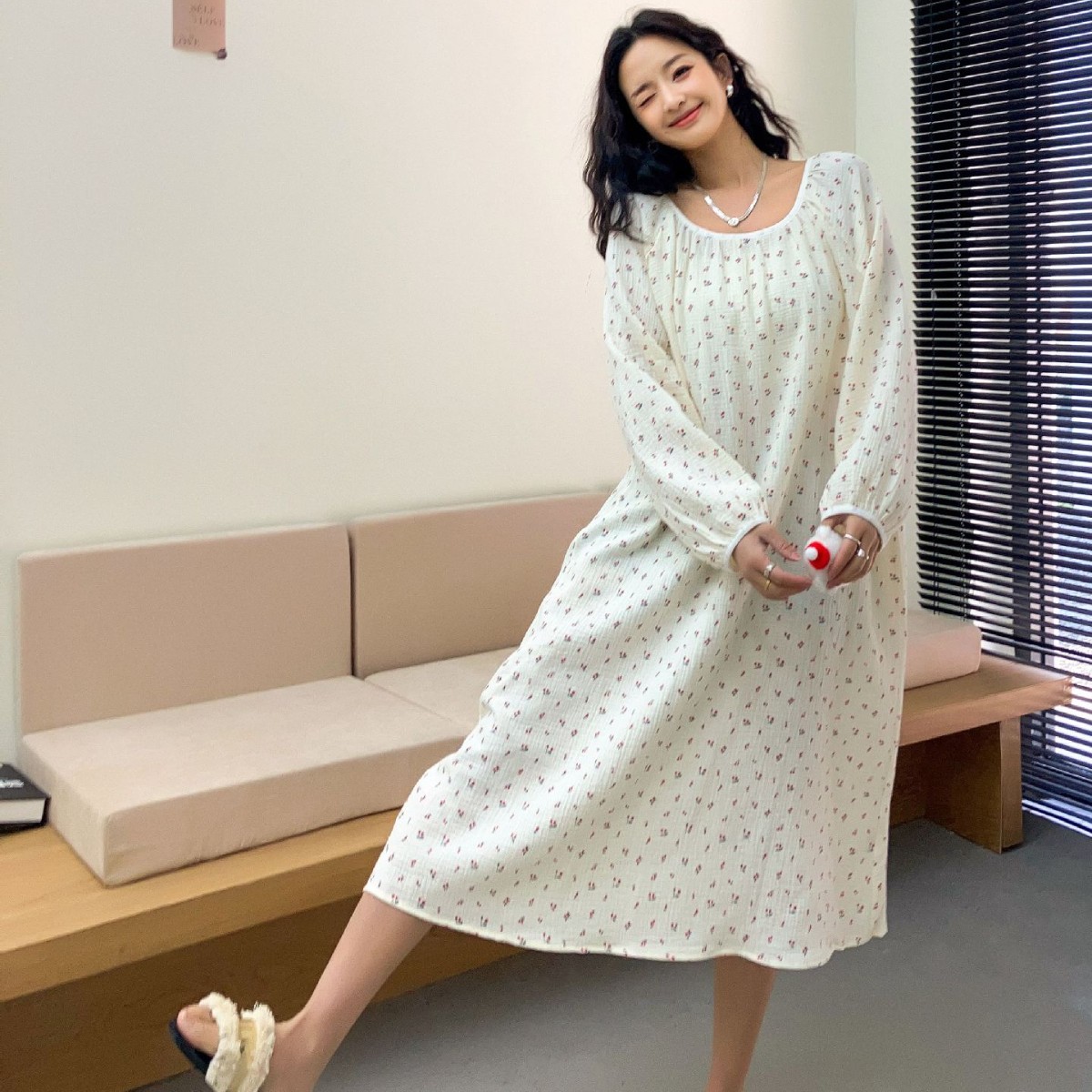 X166 Pure cotton, gentle, floral, simple, comfortable, casual, loose, long-sleeved, wearable nightgown