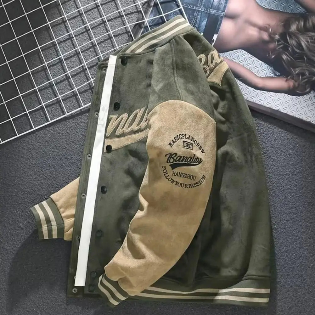 Autumn Winter Men Baseball Coat Suede Stand Collar Long Sleeve Baseball Jacket Embroidery Letter Print Single Breasted Men Coat 250219