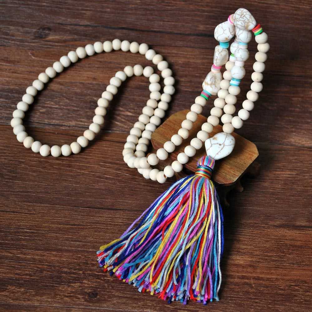 Pendant Necklaces Colorful tassel white wood bead long necklace for women Bohemian irregular turquoise soft pottery bead sweater chain hanging chain H